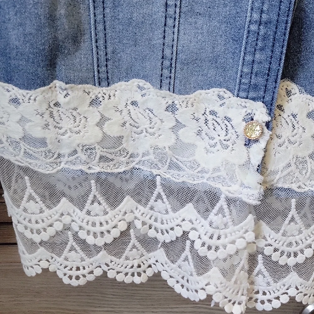 Jean Jacket Button Front With Lace And Pearl Embellishment - Picture 3 of 8